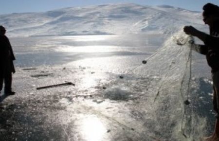 Balıkları buzlu gölden kamyonetle çekip çıkardılar